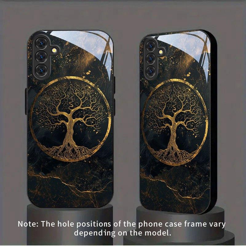Black Gold Life Tree Pattern Tempered Glass Phone Case Suitable for Samsung for Galaxy S25 S24 S22 S21 S20 FE Ultra Plus 4G 5G