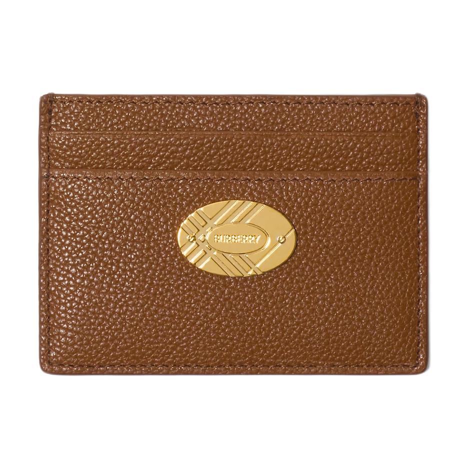 Burberry Cotswolds Engraved Metal Accessory Design Calfskin Card Holder Female Hazelnut Color