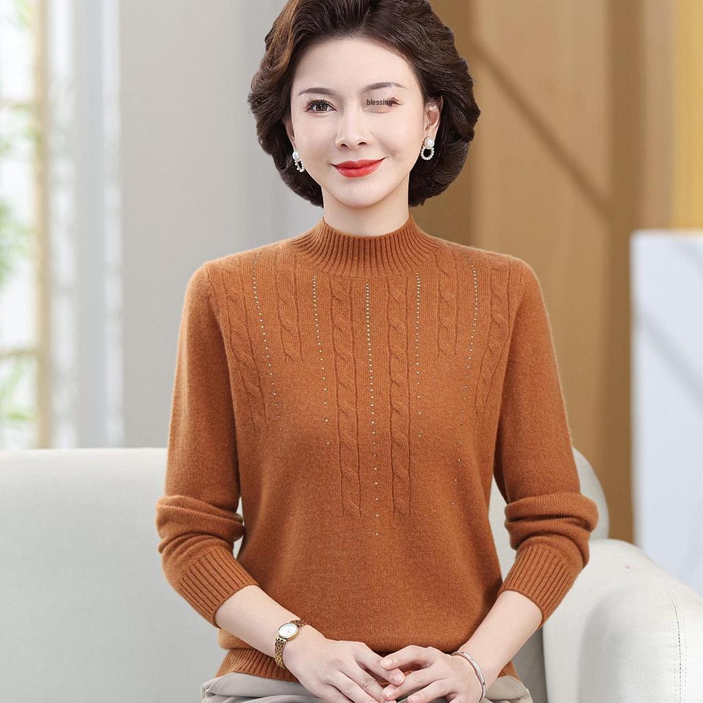 Luxuriöser Wollpullover für Frauen mittleren Alters und ältere Frauen – Dick, Ganzkörper, Halboher Kragen, Perfekt für Herbst und Winter.