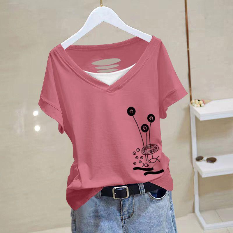 

Летний женский хлопковый топ с V-образным вырезом и рваными деталями - Короткий рукав XL [105-120 lbs suggested]