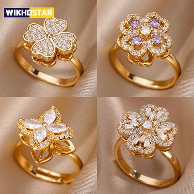 Four Clover Rotating Anxiety Rings for Women Gold Color Adjustable Stainless Steel Wedding Ring Aesthetic Jewelry Gift Anillos