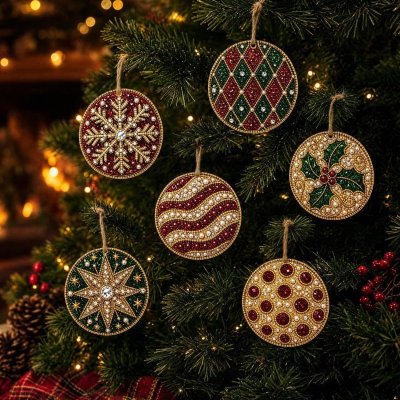 DIY Pearl Pendant Painting Set Full Pearl Beads Art Kit Lace Round Acrylic Pendants for Xmas Tree Decor Making