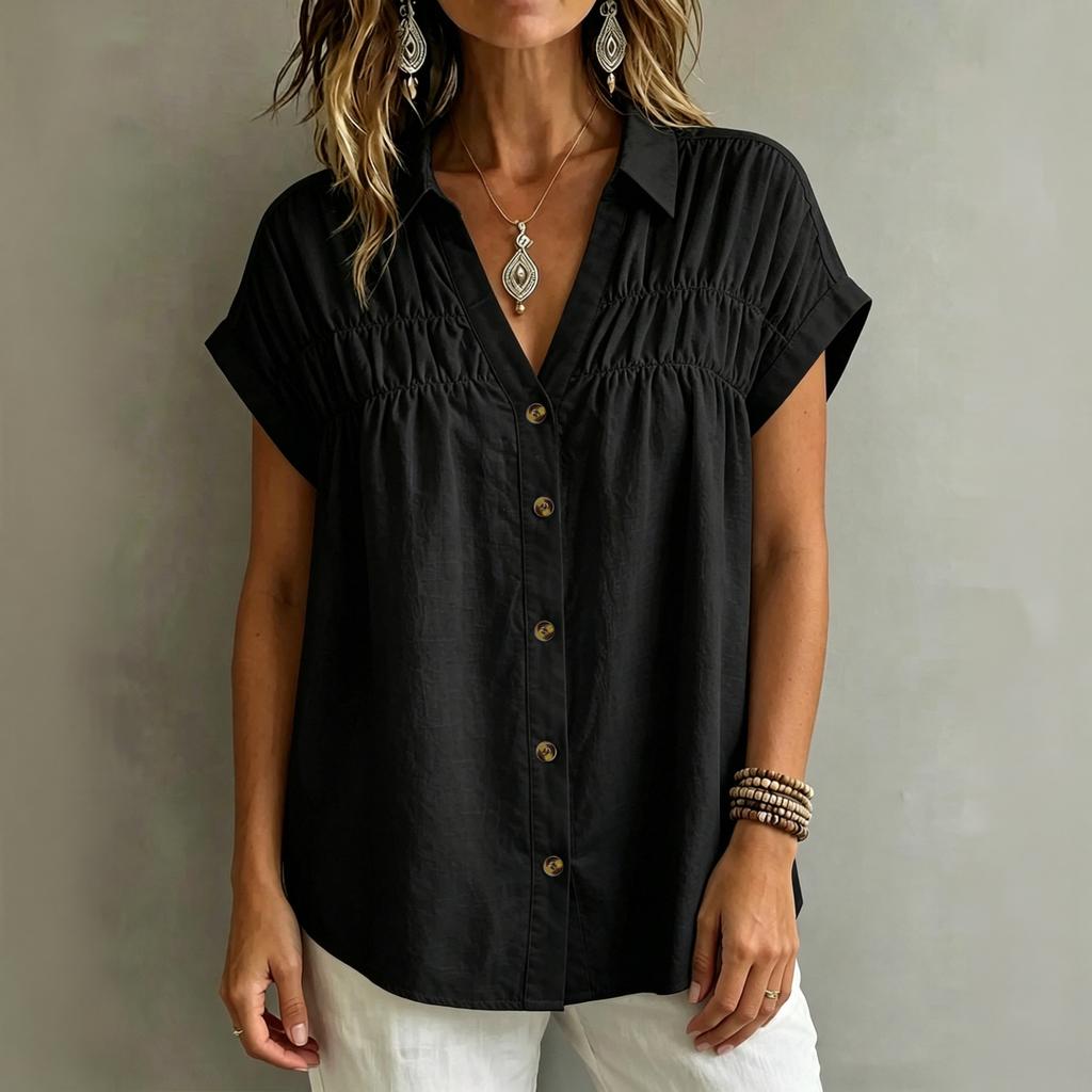 Women's V Neck Loose Fit Button Down Shirt Short Sleeve Wrinkled Front Casual Blouse Lightweight Summer Top