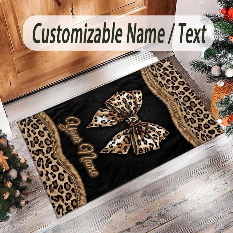 Leopard Theme Crystal Velvet Floor Rug Personalized Custom Name Text Warm Carpet Home Decoration