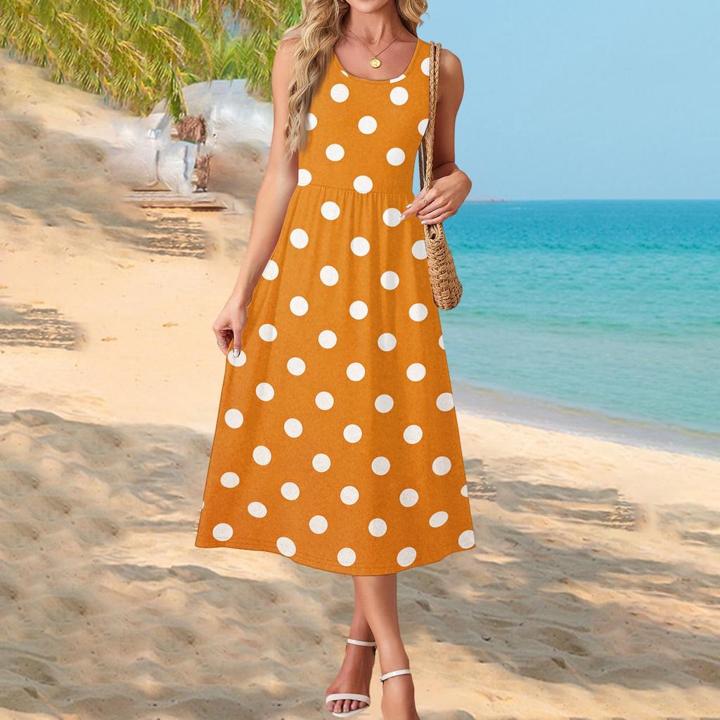 Women's Polka Dot Print Short Sleeve Midi Dress with Pockets for Beach Vacation and Casual Summer Wear