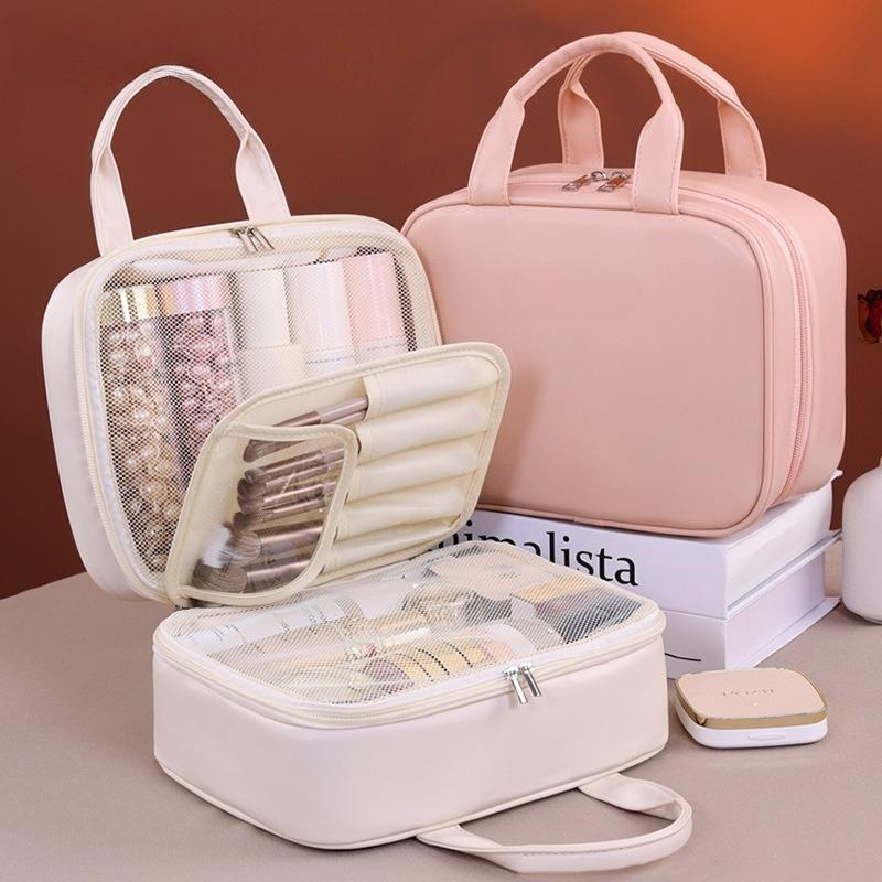 Multifunctional Makeup Bag for Women PU Leather Large Capacity Portable Double Zipper Travel Makeup Brush Toiletries Storage Bag