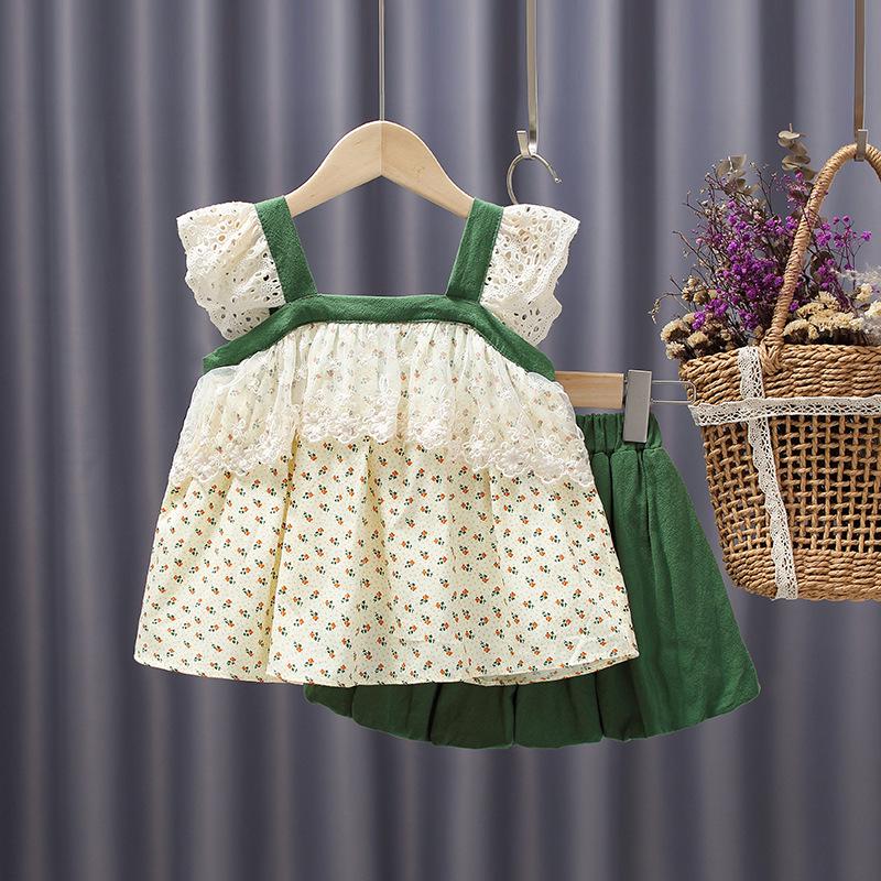 2023 Mädchen Blumen Schleife Top & Shorts Stilvoller Sommeranzug