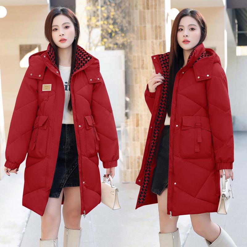 2025 New Cotton Jacket Women's Mid-length Over-the-knee Padded Jacket Loose Thickened and Warm Diamond-shaped Plaid Hooded Autumn and Winter Jacket