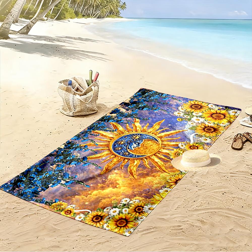 Sun and Moon with Floral Design Beach Towel Quick-drying for Travel Outdoor Sports Jogging Beach and Swimming