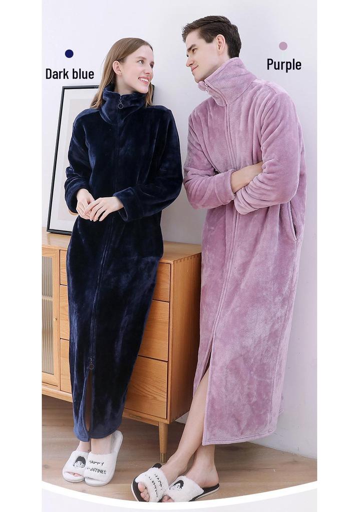 Women's Plus Size Long Nightgown - Double Zipper, Autumn/Winter Pajamas, Home Wear Robe