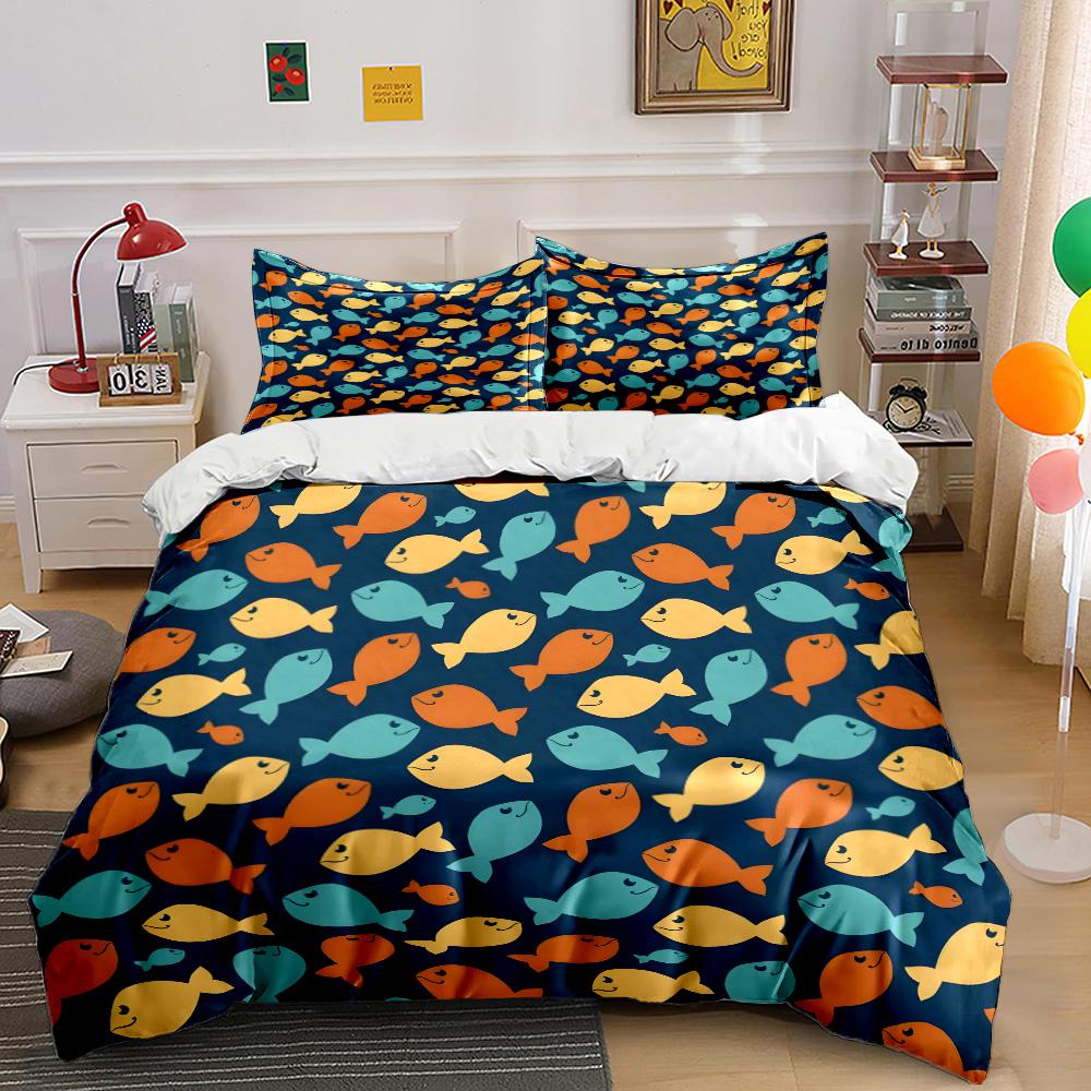 3pcs Colorful Cartoon Fish Pattern Duvet Cover Set Digital Print Colorful Polyester Bedding with Zipper Closur for Kids Gifts