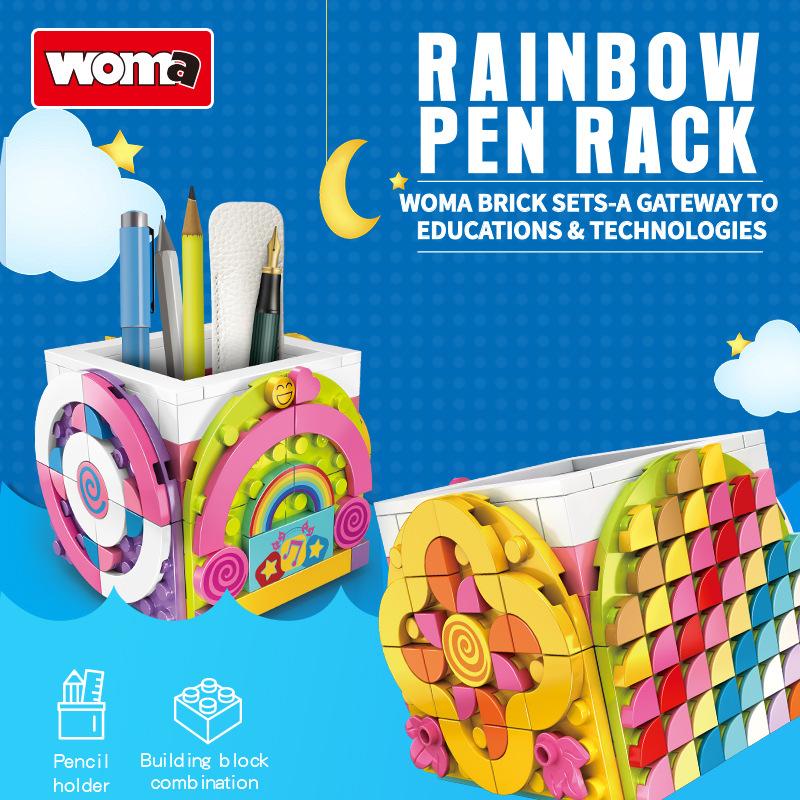 School Season Rainbow Pen Holder Cartoon Building Block Pen Holder Children Diy Small Particles Assembled Girl Gift Ornament