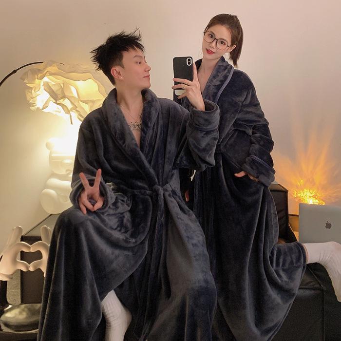 Spot Winter Coral Fleece Bathrobe for Women and Men - Thickened Extra Long Flannel Pajamas
