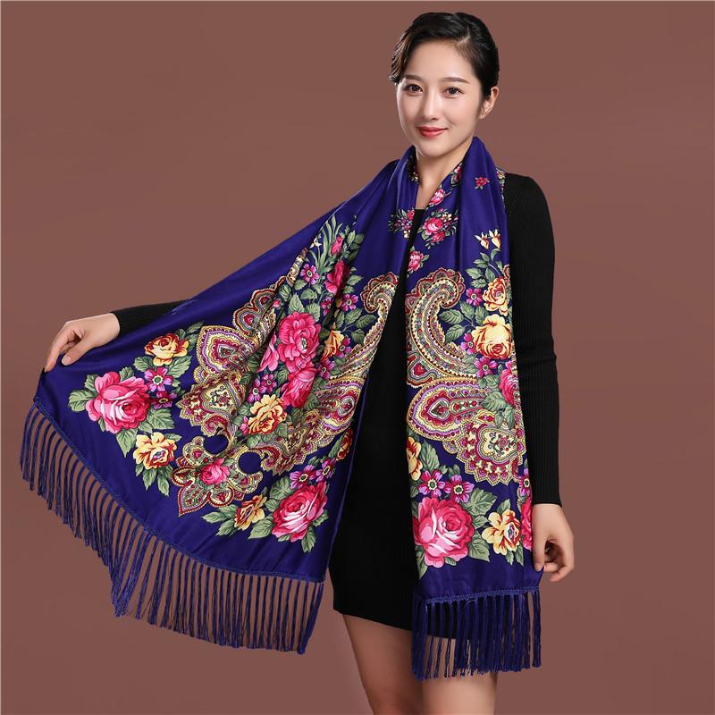 Russian Style Luxury Floral Printed Women Scarf Ethnic Fringed Shawl Babushka Hijab Head Wraps Lady Travel Sunshade Scarves