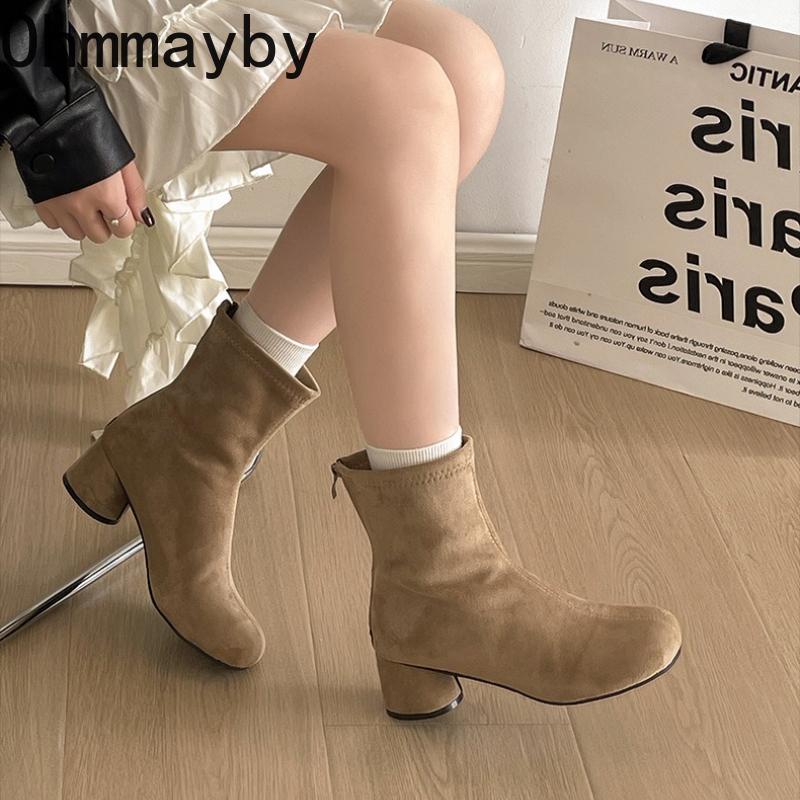 Vintage Stretch Slim Women Ankle Boots Fashion Pointed Toe Thick Heel Shoes Street Style Banquet Party Short Botas Mujer
