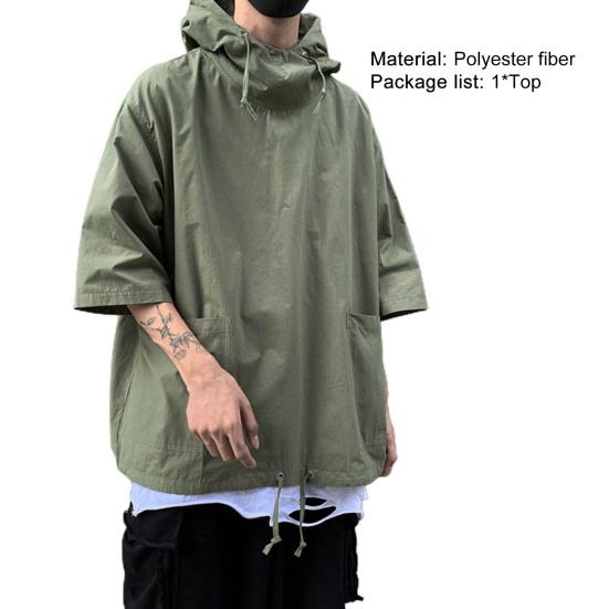 Hooded Half Sleeve Pullover Top Soft Large Pockets Loose Men T-shirt Streetwear