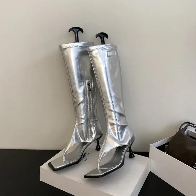 Fashion Silver Open Toe Clip-On Knee High Boots Women Modern Booties Thin Low Heels Side Zipper Spring  Party Pumps Sandals Shoe