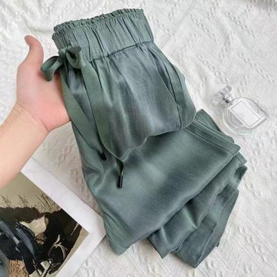 Women Casual Pants Elastic Waist Adjustable Drawstring Straight Wide Leg Trousers with Pockets Solid Color Loose Fit Long Pants