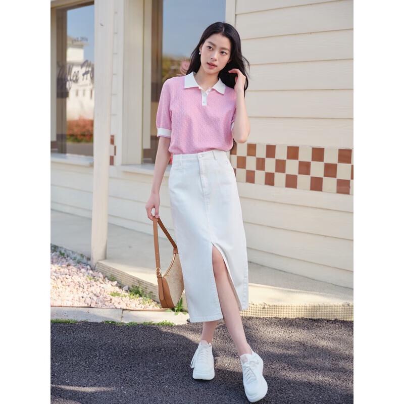 EP YAYING Women's Chic Pink Short-Sleeve Knit Polo Top