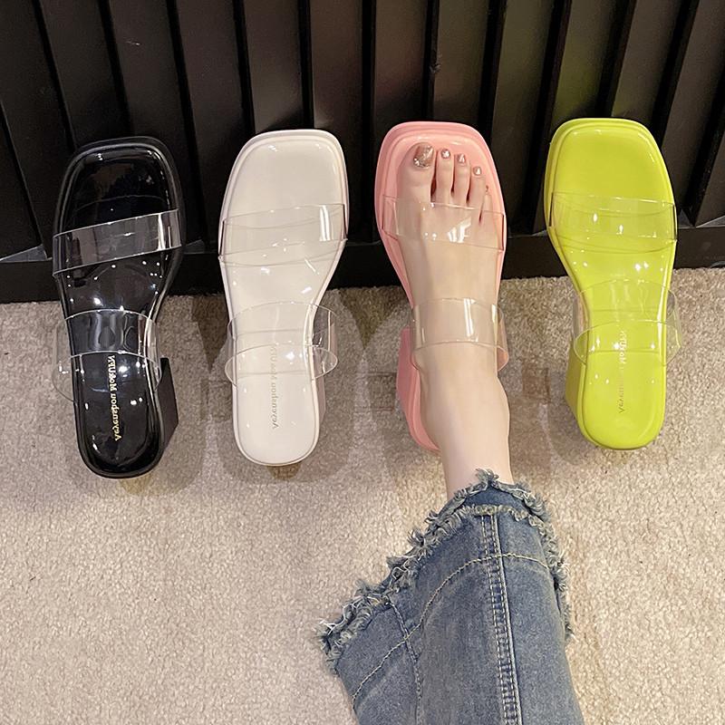 Fashion Shoes Square Heel Transparent Slippers Slipers Women Luxury Slides Heeled Mules Platform Block Summer 2025 Designer High