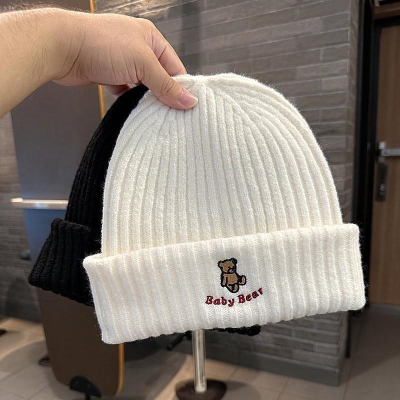 Autumn and Winter Warm and Thick Knitted Hat for Women Cute Bear Letter Embroidered Pullover Hat Versatile for Street Youth