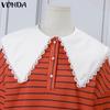 VONDA Women Doll Collar Long Sleeve Striped Casual Loose Pullovers Blouse