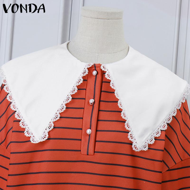 VONDA Women Doll Collar Long Sleeve Striped Casual Loose Pullovers Blouse
