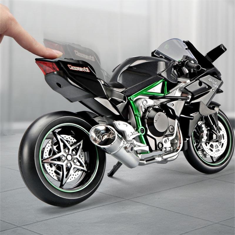 Modellino di Moto da Corsa in Lega Kawasaki H2R 1/9 Diecasts Metallo Modello di Moto da Pista Sportiva Suono e Luci con Spray Giocattoli Regali per Bambini