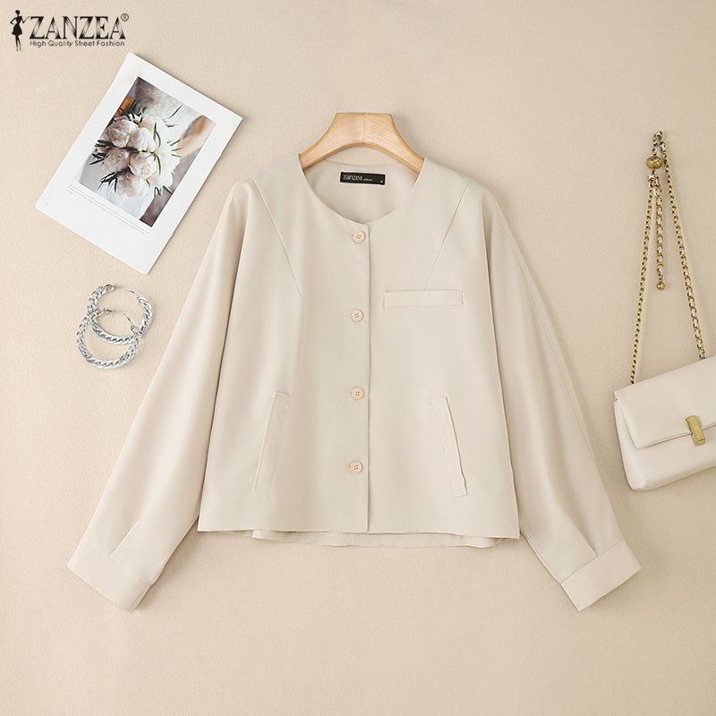 ZANZEA Women Casual Round Neck Solid Color Long Sleeve Blouse