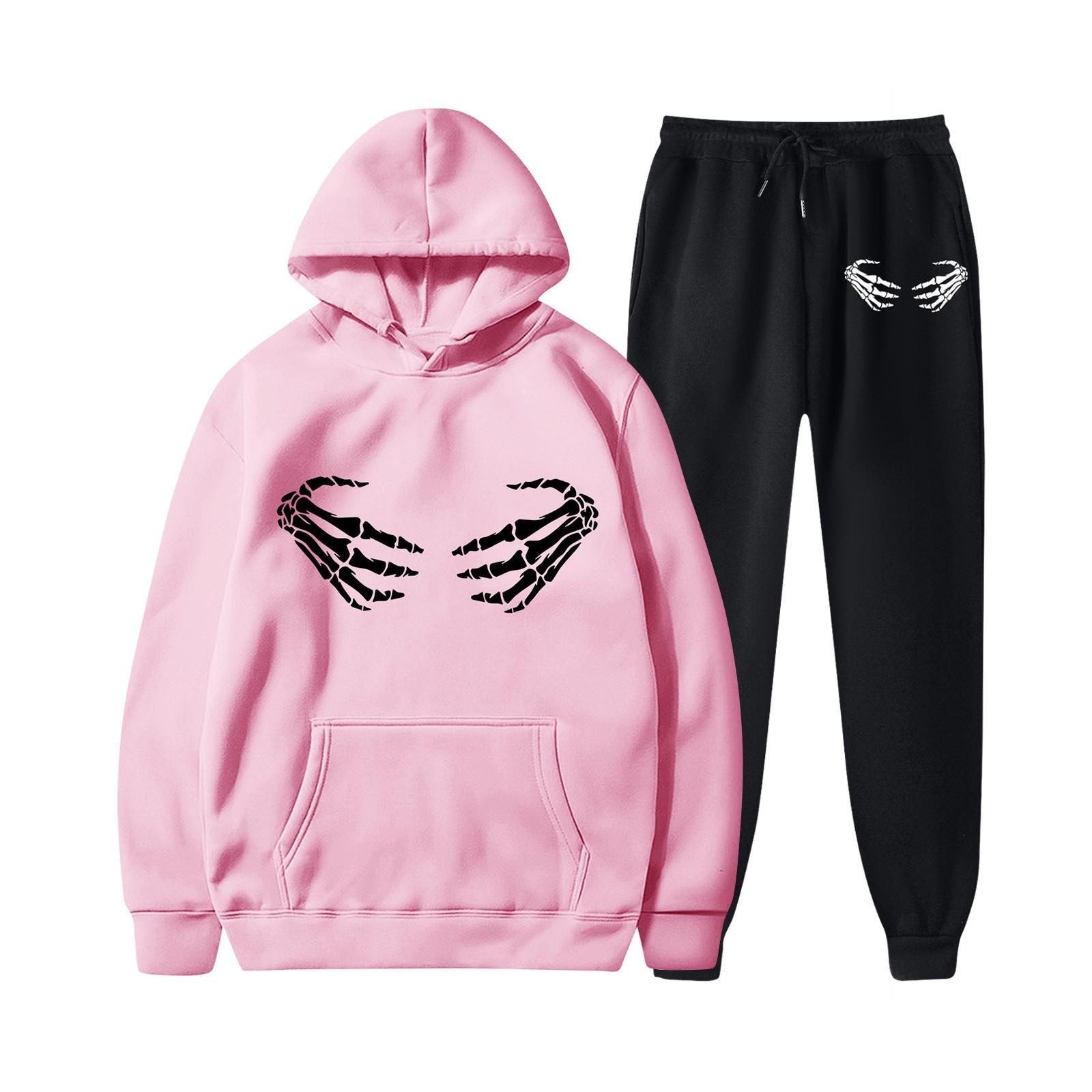 

Женские плюшевые штаны, свободный свитер с длинным рукавом, принт на Хэллоуин и комплект из двух предметов с капюшоном и веревкой M розовый