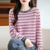 Women's Autumn/Winter Loose-Fit Round Neck Striped Pure Wool Sweater - Knitted, Warm Top Layers