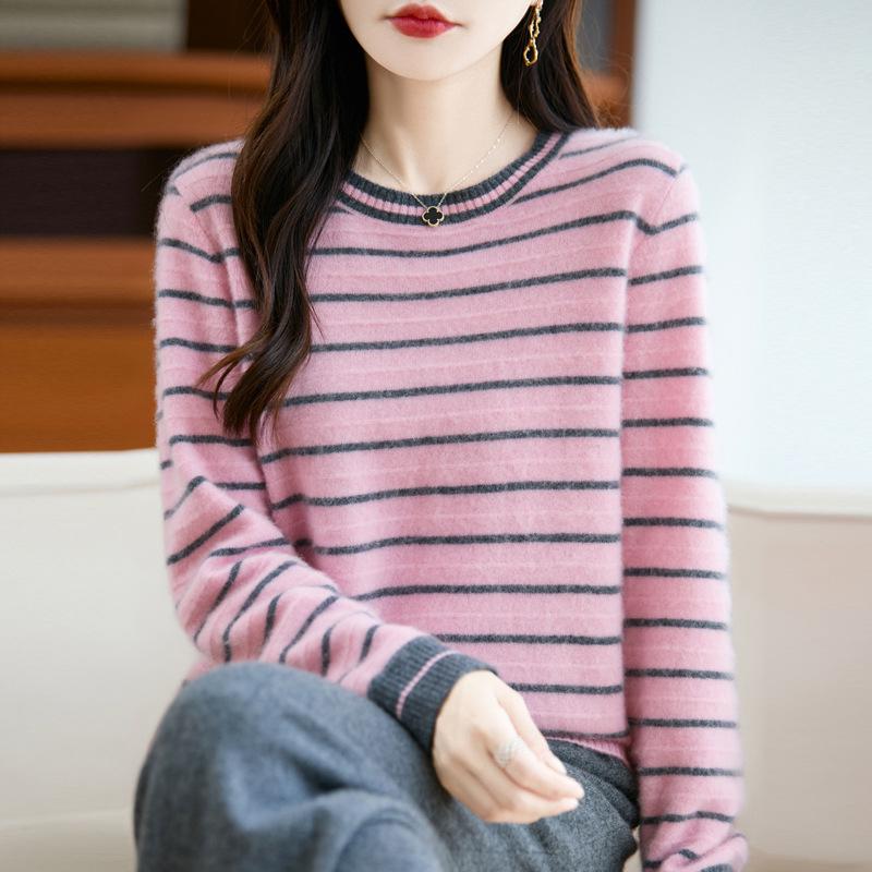 Women's Autumn/Winter Loose-Fit Round Neck Striped Pure Wool Sweater - Knitted, Warm Top Layers