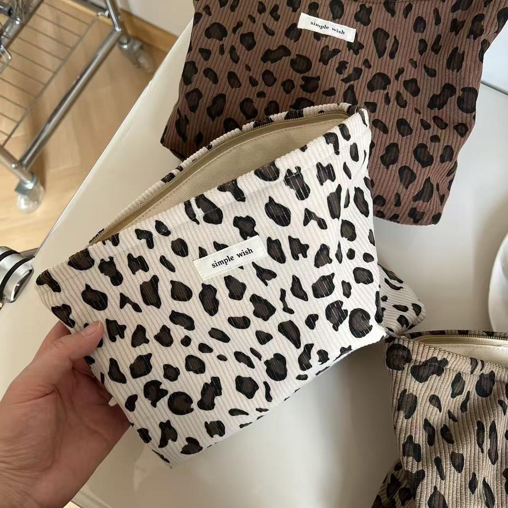 Cord Retro Leopardenmuster Kosmetiktasche Lippenstift Kosmetik-Organizer Reißverschlusstasche Reise Wasch- und Aufbewahrungstasche für Damen