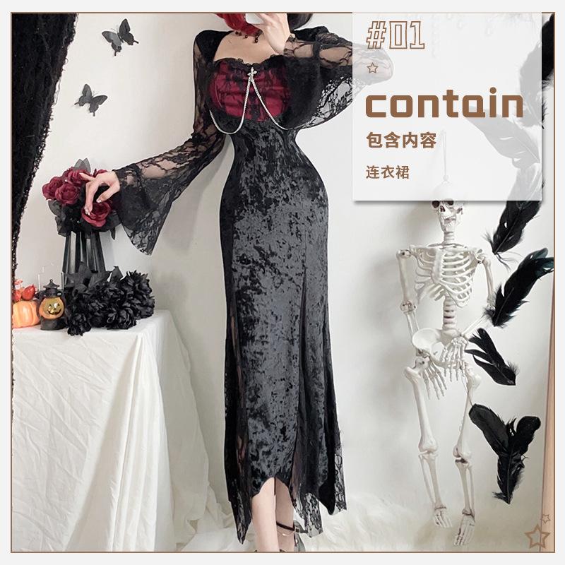 Dark goth halloween costume black dress witch long dress vampire bride outfit wind