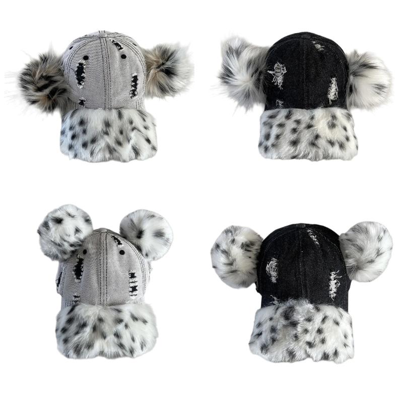 Fashionable Baseball Caps Unique Pompoms Furry Brim Dotted Pattern for Idol Concert Shows Stage Dance Headwear