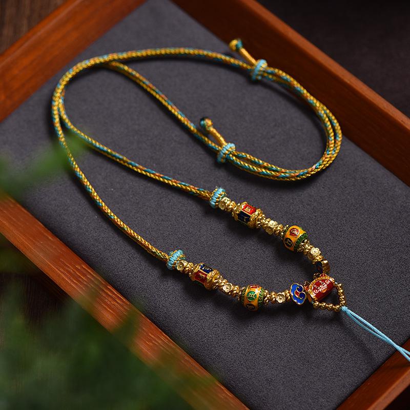Tibetan Handmade Thangka Pendant Rope Necklace with Amber Charm