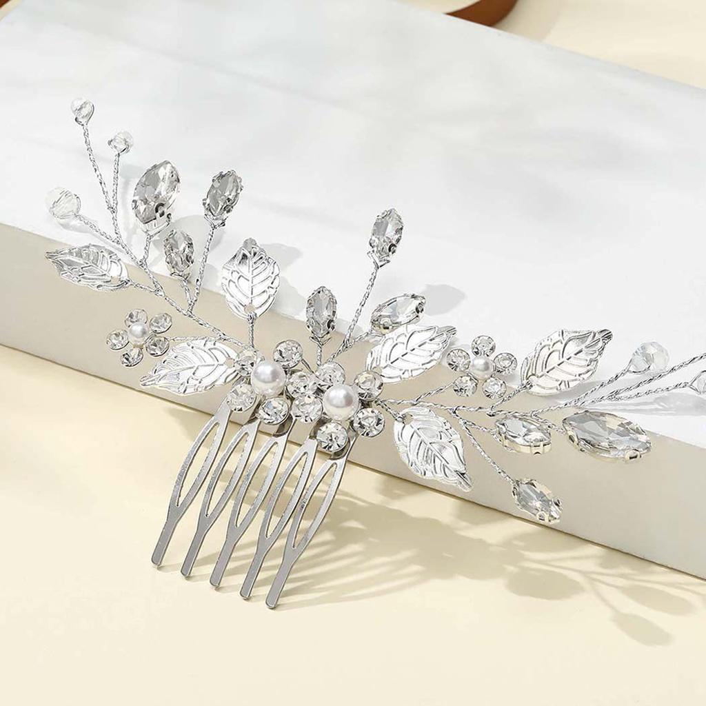 Woman's Alloy Hair Comb with Leaf Decor Woman Elegant Handmade Comb Barrette for Birthday Stage Party Hairstyle Making