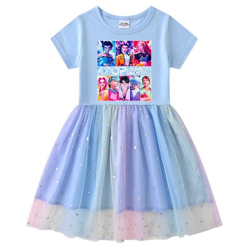 Rainbow Sequin Mesh Princess Dress for Kids - Long & Short Sleeve Options, Kpop Demon Slayer Inspired