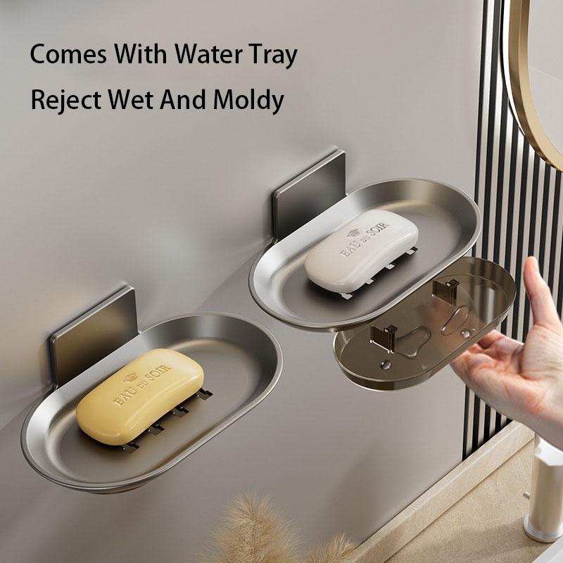 Bathroom Space Aluminum Soap Box Without Punching With Drain Tray Wall Soap Storage Box Wall Hang Soap Rack
