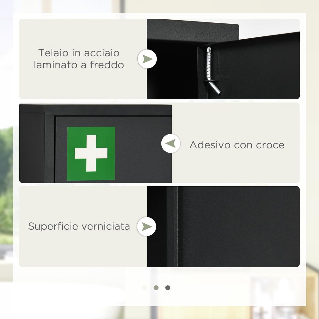 Medicine Cabinet with 3 Shelves and Lock with Keys in Steel, 30x14x46cm, Black