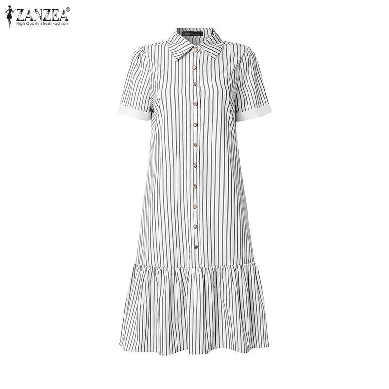 ZANZEA Women Elegant Casual Turn Down Collar Short Sleeve Loose Stripe Dress