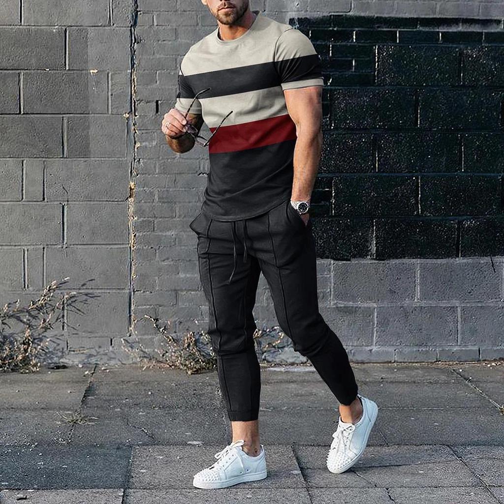 Sommer Männlichen Lose Beiläufige Druck T-shirt Elastische Taille Hosen Set Männer Kurzarm Street Style Pullover T-shirt Jogginghose Homme