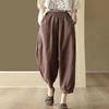 Pantaloni a Nove Punti Retro a Gamba Larga in Cotone e Lino con Vita Elasticizzata per Taglie Forti