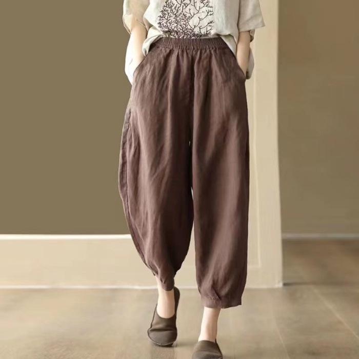 Pantaloni a Nove Punti Retro a Gamba Larga in Cotone e Lino con Vita Elasticizzata per Taglie Forti