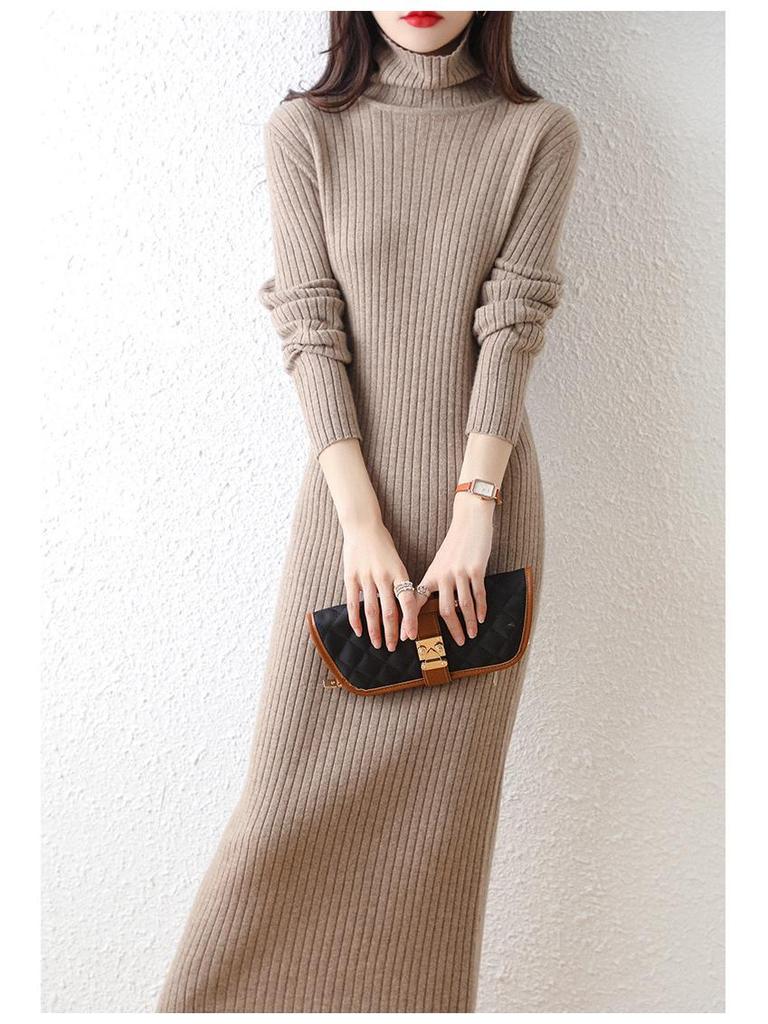 2022 Women’s High-Neck Ribbed Wool Knit Dress - Slimming Over-the-Knee Base Layer