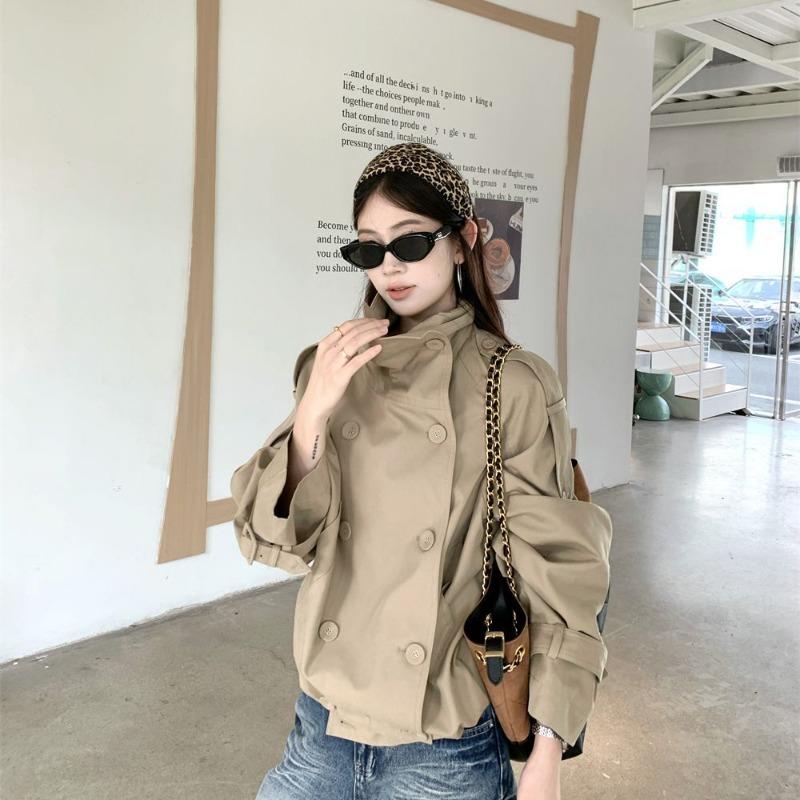 Damen Zweireihiger Stehkragen Kurzer Trenchcoat Britischer Stil Cropped Jacke