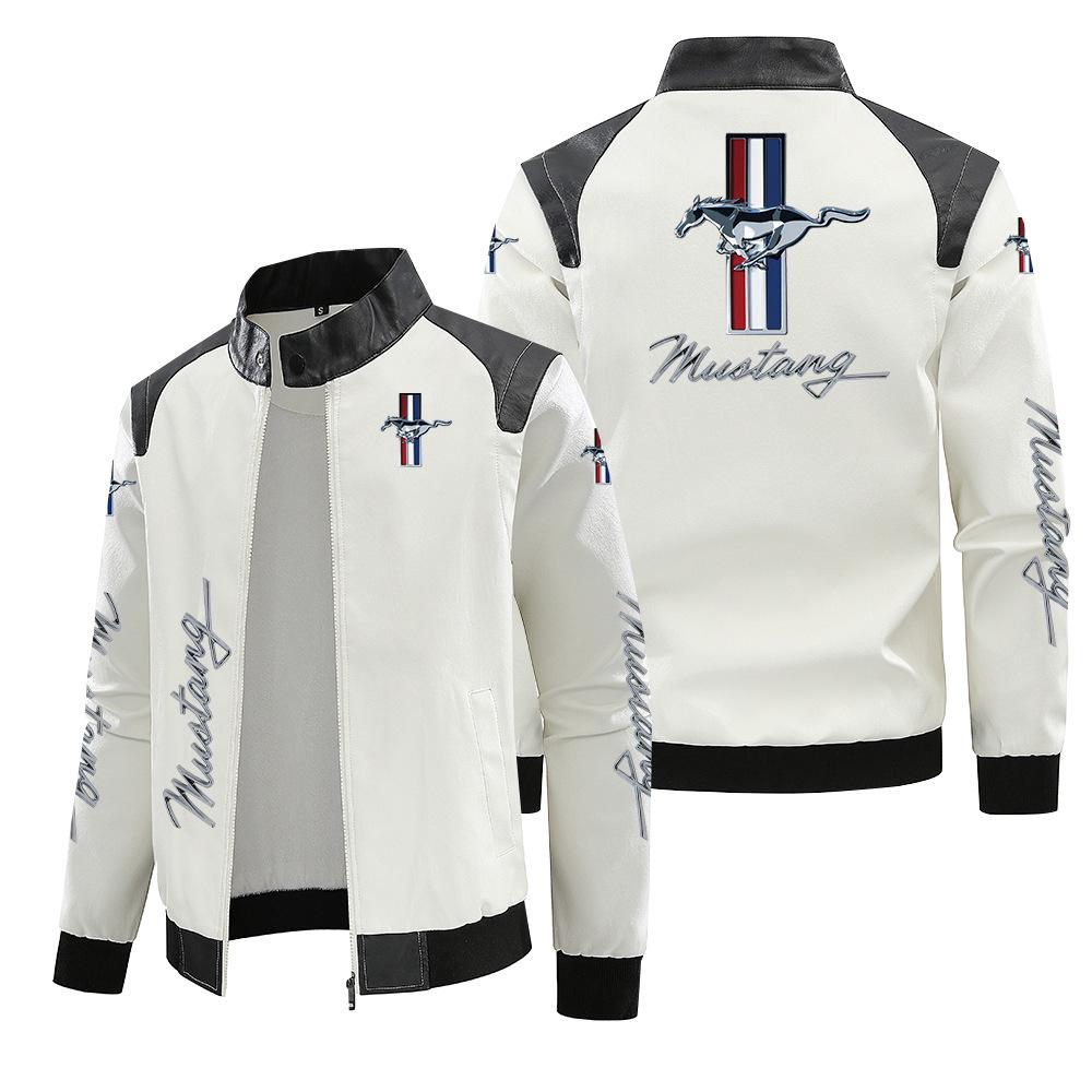 [European Fleece-Lined] Mustang leather jacket, motorcycle logo, leather jacket, large size print, autumn/winter jacket, PU high-end men's jacket