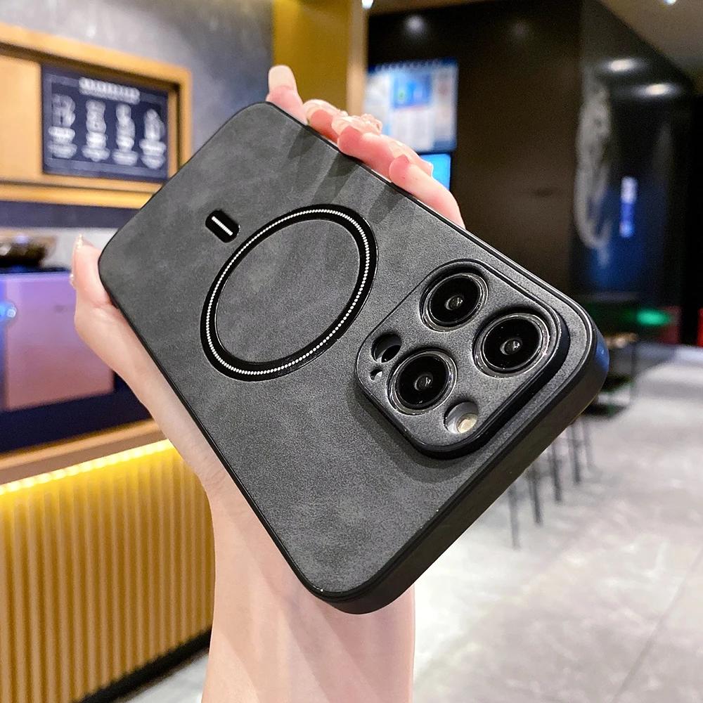 Kabellose Ladehülle aus Schaffellleder für iPhone 15 Pro Max 14 13 12 11 XS Max, weicher TPU-Linsenschutz, stoßfeste Rückseite