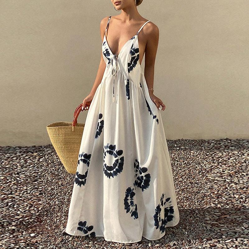 

European and American sexy elegant temperament backless suspender loose vacation style long skirt for women L білий