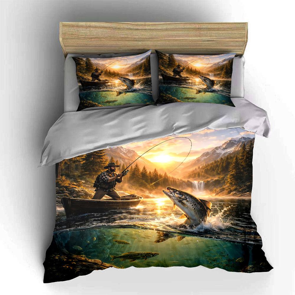 Fishing Adventure Nature Scene Bedding Duvet Cover Set Duvet Cover Pillowcases  (1*Duvet Cover 2*Pillowcases, without duvet insert)